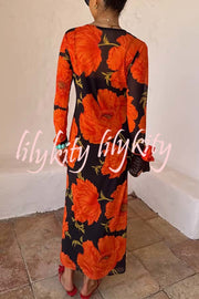 Perfect Cross-season Mesh Poppy Flower Print Long Sleeve Stretch Maxi Dress