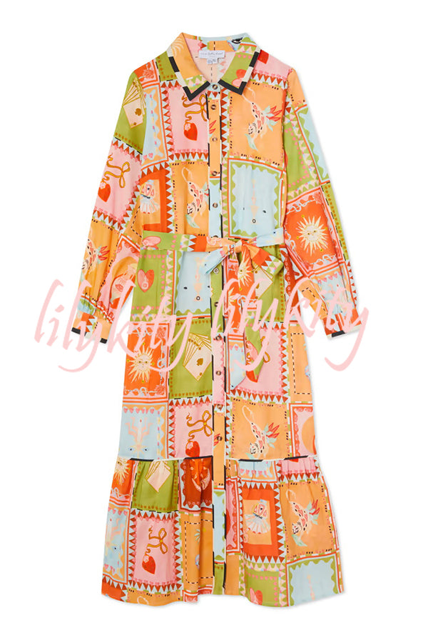 Linen Blend Unique Printed Long Sleeve Lapel Tie-waist Midi Dress