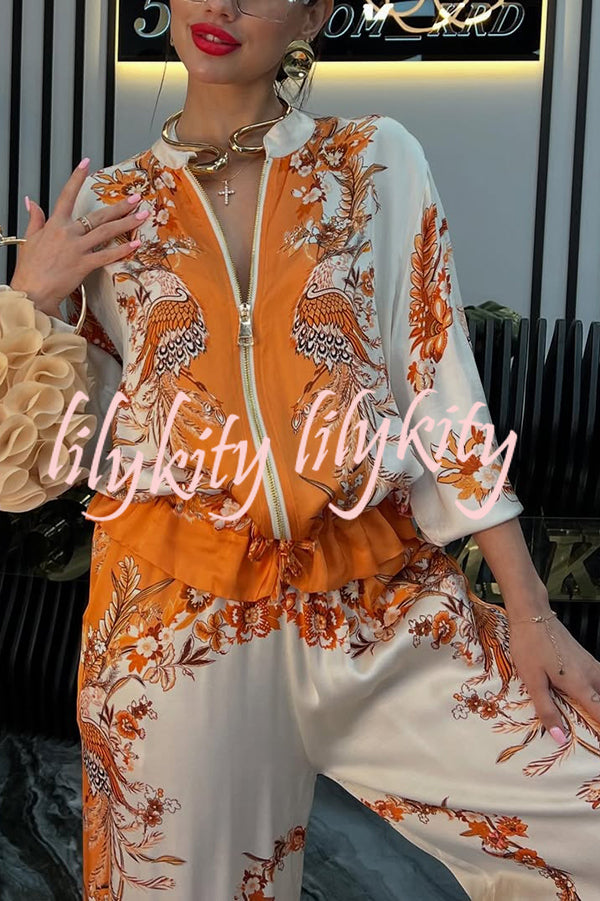 Unique Printed Casual Long-sleeved Loose Top and Elastic Waist Pocket Wide-leg Pants Set
