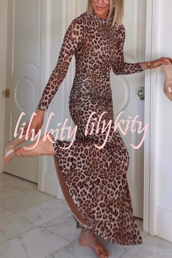 Revina Mesh Leopard Print Mock Neck Gathered Waist Long Sleeve Stretch Midi Dress