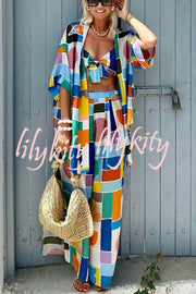 Summer Colors Printed Kimono + Knotted Tank + Elastic Waist Pocket Three-pieces Pants Set