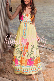 Resort Style Unique Print Sexy Square Neck Backless Waist Maxi Dress