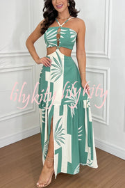 Farrier Printed Front Hollow Ring Design Cutout Slit Maxi Dress