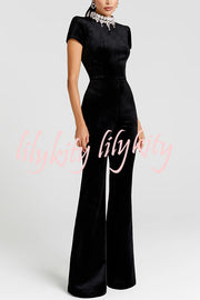 Lucia Luxurious Velvet Jewel-encrusted Turtleneck Short Sleeve Flare Stretch Jumpsuit