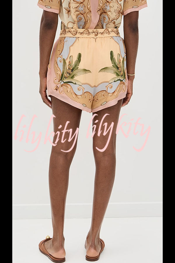 Royalty Unique Print Button Up Short Sleeve Shirt and Elastic Waist Pocketed Loose Shorts Set
