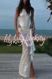 Fashion Sequin Sleeveless Fitted Rompers and Holiday Slit Maxi Skirt Set