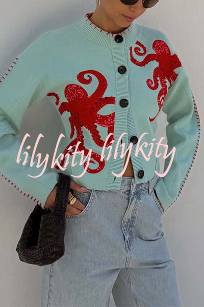 Coastal Fashion Knit Octopus Graphic Contrast Piping Button Up Loose Cardigan