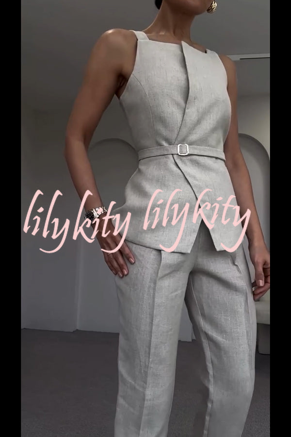 Tylah Linen Blend Square Neck Belted Vest and High Rise Pocket Loose Tapered Trousers Set