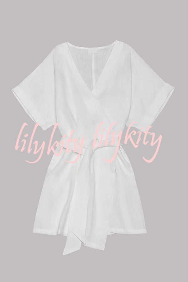 Breezy Retreat Cotton Linen Blend Pocketed Belt Kimono Mini Dress