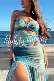 Soleil Mesh Printed Starfish Pendant Ruched Cutout Off Shoulder Maxi Dress
