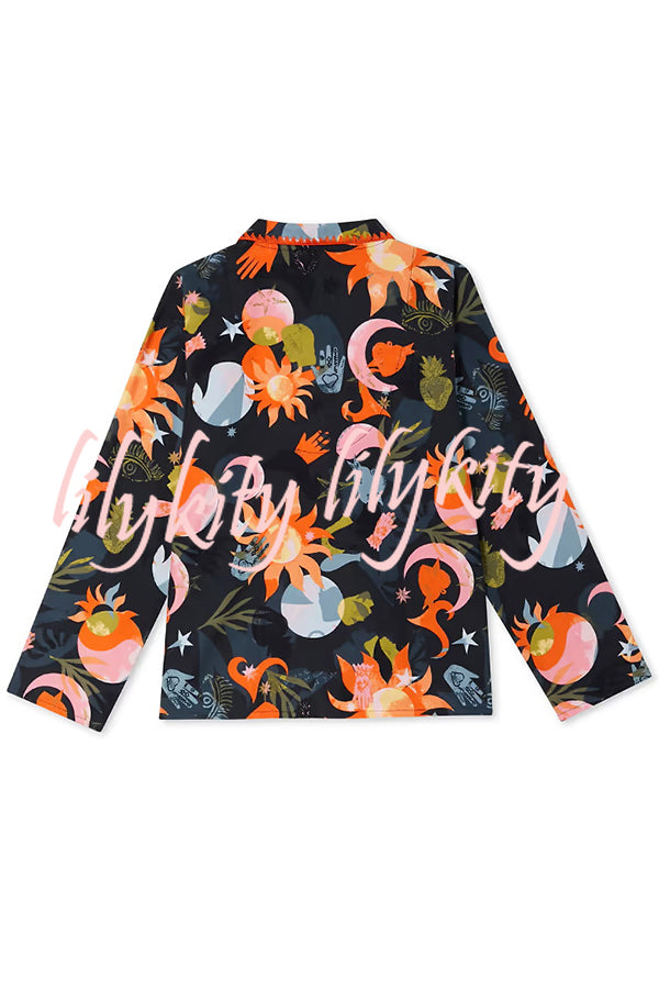 Evening Routine Unique Print Color-block Trim Loose Shirt and Elastic Waist Pocketed Pajama Set