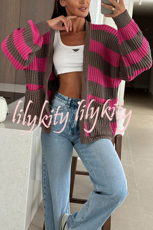 Fashionable Patchwork Striped Casual Pocket Knitted Sweater