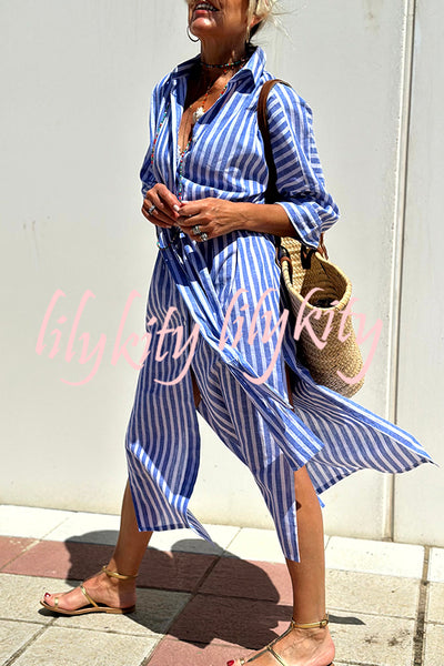 Summer Splendor Printed Button Half Sleeve Belt Loose Shirt Midi Dress