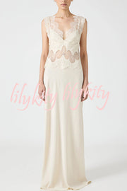 Wonderful Fusion Satin Lace Trim See-through Waist V-neck Drape Maxi Dress