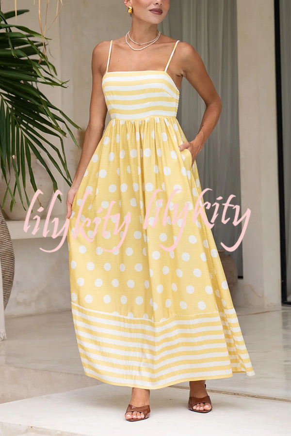 Striped Polka-dot Print Sling Pleated Open-back Maxi Dress