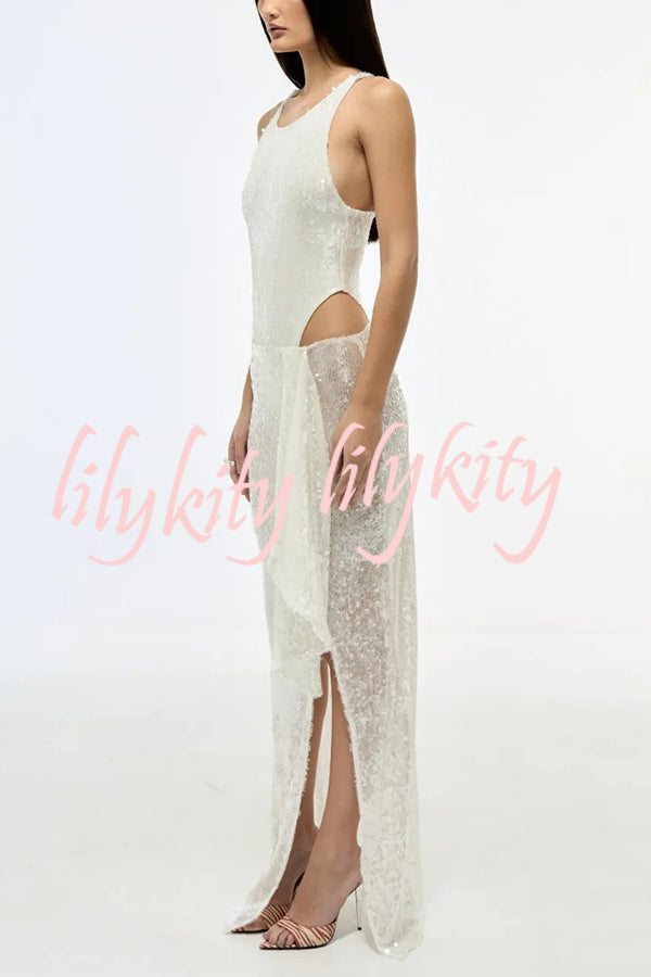 Fashion Sequin Sleeveless Fitted Rompers and Holiday Slit Maxi Skirt Set