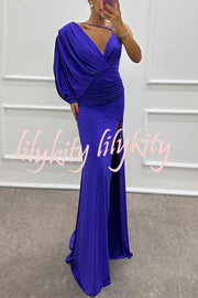 Like Venus One Shoulder Bat Sleeve Ruched Detail Slit Gown Maxi Dress