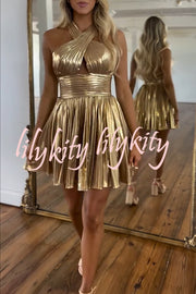 Star Night Metallic Fabric Cross Halter Neck  Pleated Mini Dress