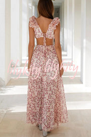 Lost in The Melody Chiffon Printed Flutter Sleeve Cutout Back Lace-up Maxi Dress