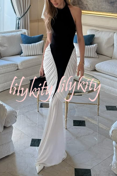 Fashionable Contrast Color Open Back Side Pleated Draped Maxi Dress