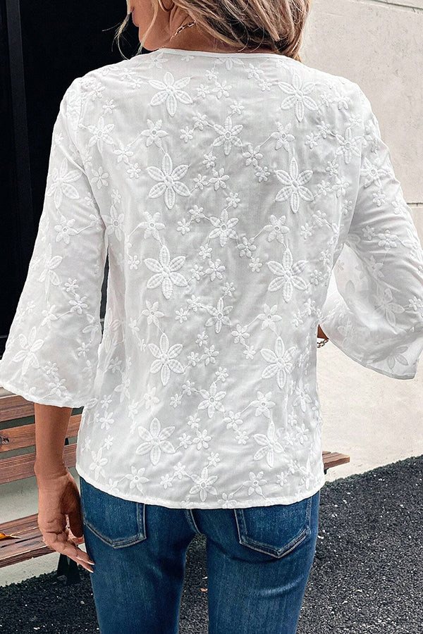 Solid Color Lace Embroidered Floral Loose Casual Top