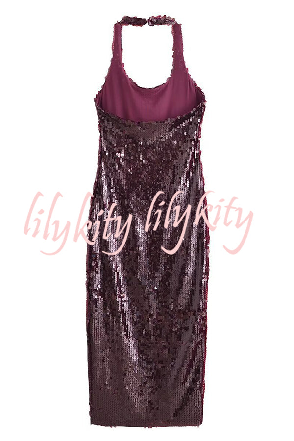 Night Glow Disc Sequin Halter Backless Slit Midi Dress