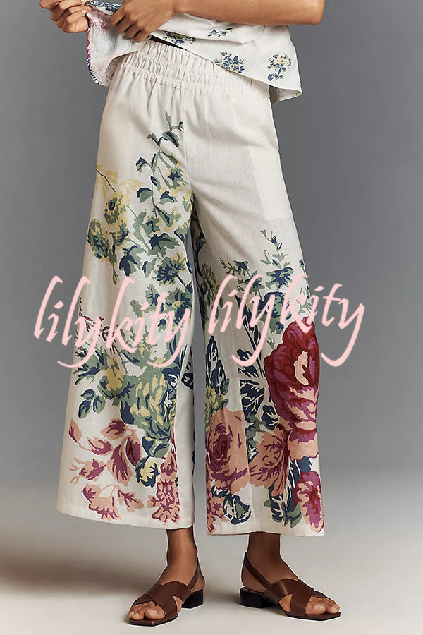 In To The Summer Linen Blend Floral Print Elastic Bandeau and Elastic Waist Pocket Loose Pants Set