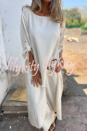 Jamilah Linen Blend Ring Detail Midi Blouse  and Elastic Waist Pocketed Loose Pants Set