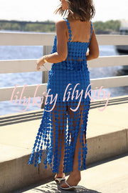 Caitlin See Through Circle Embroidery Square Neck Tassle Hem Slip Tank