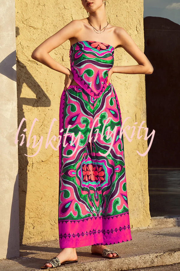Ethnic Style Unique Print Tube Top and Elastic Waist Casual Pocket Wide Leg Pants Set