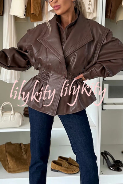 Play It Cool Faux Leather Single Button Elastic Waist Lapel Moto Jacket