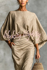 Linen Blend Batwing Sleeve Loose Top and Casual Pocket Maxi Skirt Set