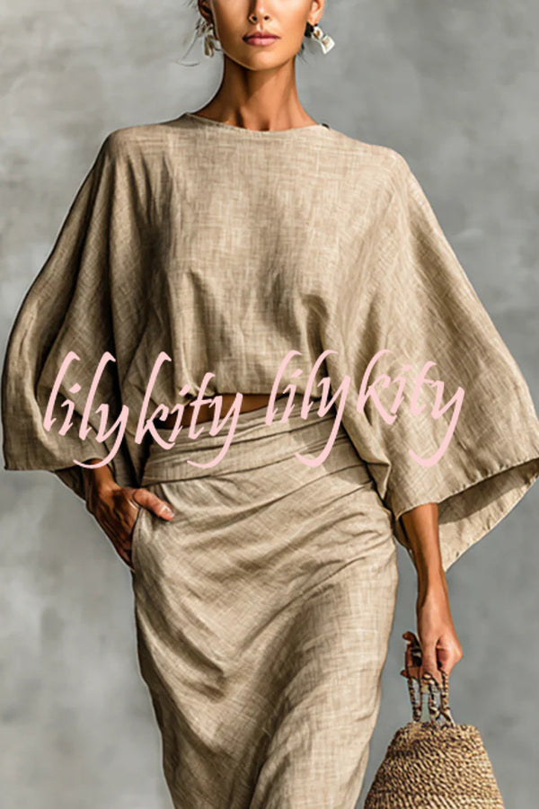 Linen Blend Batwing Sleeve Loose Top and Casual Pocket Maxi Skirt Set