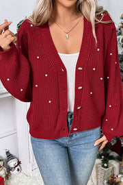Christmas Pearl Embellished Casual V-Neck Knitted Cardigan