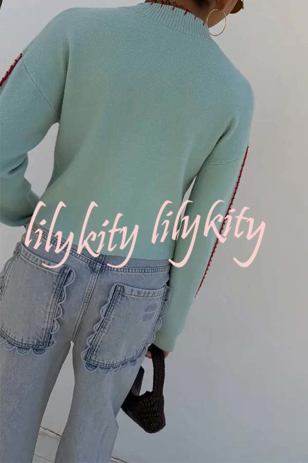 Coastal Fashion Knit Octopus Graphic Contrast Piping Button Up Loose Cardigan