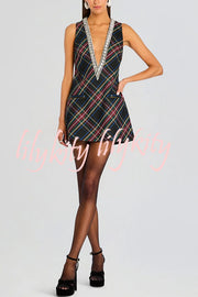 Elegant Demeanor Satin Gemstone Trim Deep V-Neck Tank H-line Mini Dress