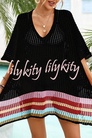 Color Block V Neck Slit Hollow Short Sleeved Knitted Cover Up