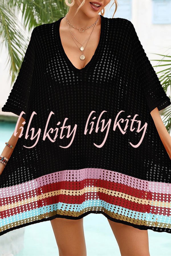 Color Block V Neck Slit Hollow Short Sleeved Knitted Cover Up