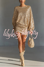 Glow Season Sequin Long Lantern Sleeve Ruched Hip Loose Mini Dress