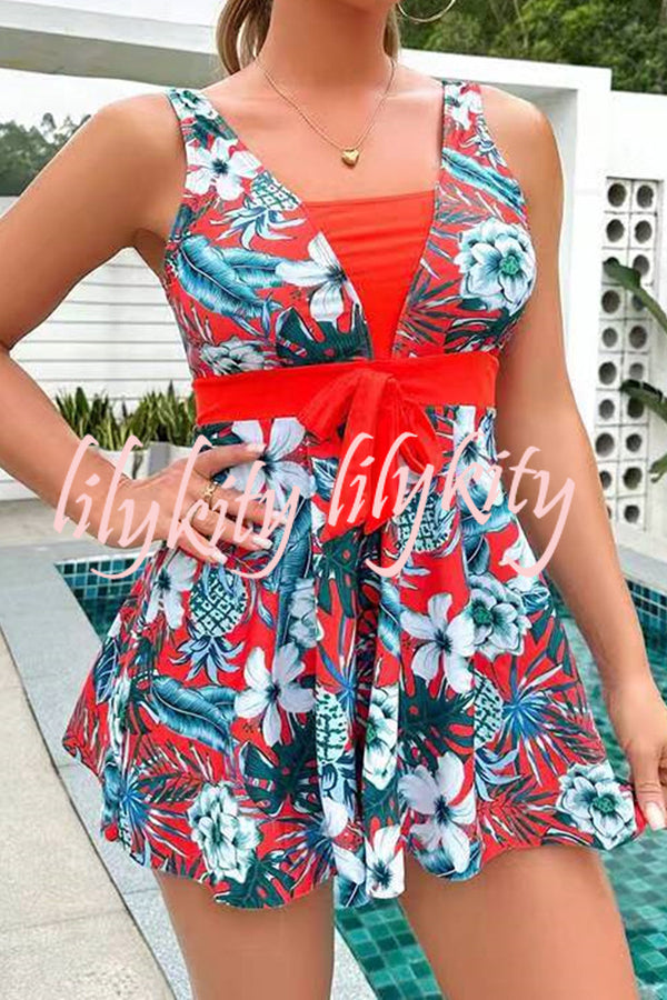 Cheerful Floral Print Bow Detail Tankini Swimsuit Set