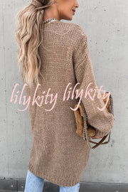 Solid Color V-neck Knitted Long-sleeved Oversized Midi Cardigan