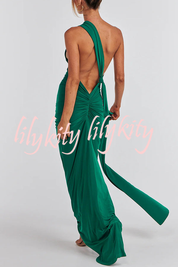 Sexy Backless Pleated Slim Solid Color Sleeveless Elegant Maxi Dress