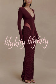 Sexy See-through Long-sleeved V-neck Pleated Slim-fit Maxi Dress