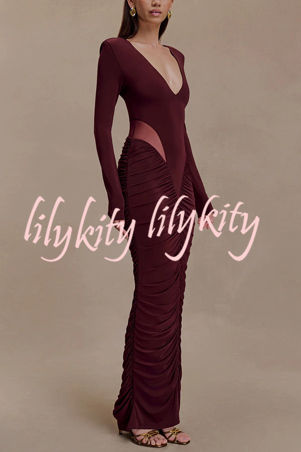 Sexy See-through Long-sleeved V-neck Pleated Slim-fit Maxi Dress