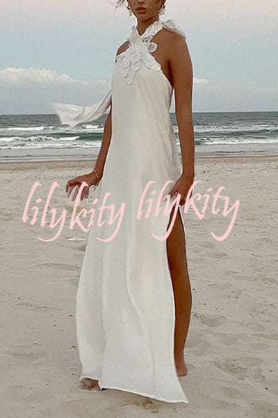 Floral Embellished Satin Halterneck Backless Resort Maxi Dress