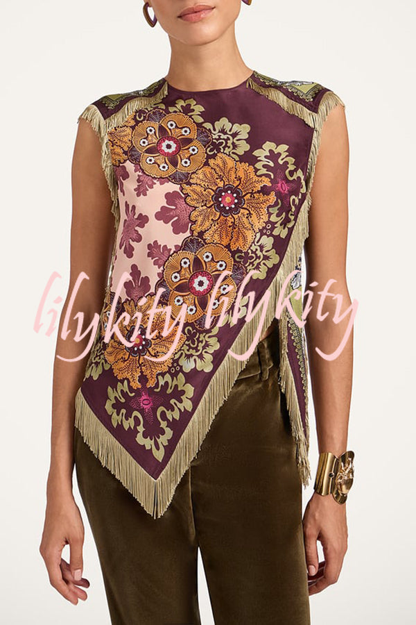 Stunning Floral Print Asymmetric Tassel Trim Scarf Top
