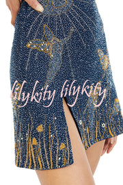 Magic and Night Sky Shiny Pattern Square Neck Slit Mini Dress