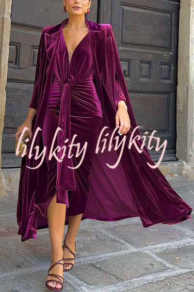 Olivienne Luxurious Velvet Padded Shoulders Slit Sleeve Lapel Midi Cape