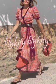 Bohemian Floral Print Elegant Puff Sleeve Holiday Maxi Dress