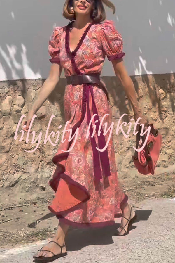 Bohemian Floral Print Elegant Puff Sleeve Holiday Maxi Dress